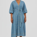 Lantern Sleeve Midi Dress - Mid Blue Wash