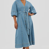 Lantern Sleeve Midi Dress - Mid Blue Wash