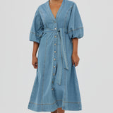 Lantern Sleeve Midi Dress - Mid Blue Wash