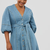 Lantern Sleeve Midi Dress - Mid Blue Wash