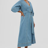 Lantern Sleeve Midi Dress - Mid Blue Wash