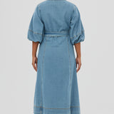 Lantern Sleeve Midi Dress - Mid Blue Wash