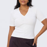 Gathered V Neck Top - White