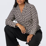 Long Sleeve Wrap Shirt - Aubergine Geo