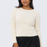 Long Sleeve Boat Neck Knit Top - Ecru