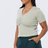 Gathered V Neck Top - Sage Marl