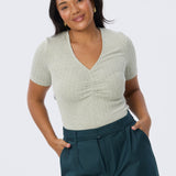 Gathered V Neck Top - Sage Marl
