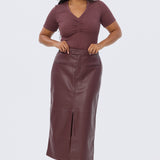 Vegan Leather Straight Midi Skirt - Fig
