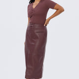 Vegan Leather Straight Midi Skirt - Fig