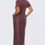 Vegan Leather Straight Midi Skirt - Fig