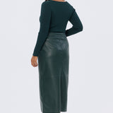 Vegan Leather Straight Midi Skirt - Emerald