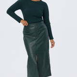 Vegan Leather Straight Midi Skirt - Emerald