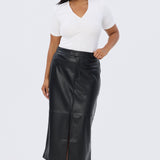 Vegan Leather Straight Midi Skirt - Black