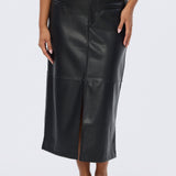 Vegan Leather Straight Midi Skirt - Black