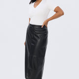 Vegan Leather Straight Midi Skirt - Black