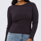 Long Sleeve Boat Neck Knit Top - Aubergine
