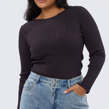 Long Sleeve Boat Neck Knit Top - Aubergine