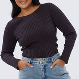 Long Sleeve Boat Neck Knit Top - Aubergine