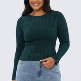 Long Sleeve Boat Neck Knit Top - Emerald