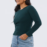 Long Sleeve Boat Neck Knit Top - Emerald
