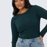 Long Sleeve Boat Neck Knit Top - Emerald