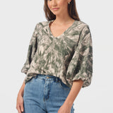 Lantern Sleeve Top - Khaki Palm