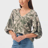 Lantern Sleeve Top - Khaki Palm