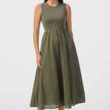 Sleeveless Gathered Midi Dress - Olive