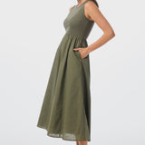 Sleeveless Gathered Midi Dress - Olive