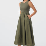 Sleeveless Gathered Midi Dress - Olive