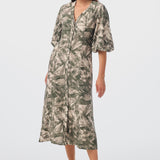 Lantern Sleeve Midi Dress - Khaki Palm