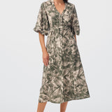 Lantern Sleeve Midi Dress - Khaki Palm