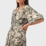 Lantern Sleeve Midi Dress - Khaki Palm