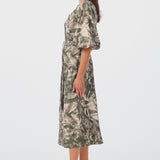 Lantern Sleeve Midi Dress - Khaki Palm