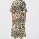 Lantern Sleeve Midi Dress - Khaki Palm