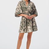 Lantern Sleeve Mini Dress - Khaki Palm