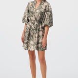 Lantern Sleeve Mini Dress - Khaki Palm