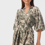 Lantern Sleeve Mini Dress - Khaki Palm