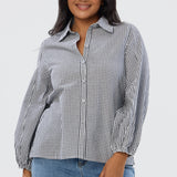 Balloon Sleeve Tie Shirt - Black/White Gingham