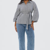 Balloon Sleeve Tie Shirt - Black/White Gingham