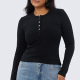 Henley Long Sleeve Top - Black