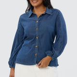 Balloon Sleeve Tie Shirt - Blue