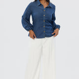 Balloon Sleeve Tie Shirt - Blue