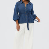 Balloon Sleeve Tie Shirt - Blue