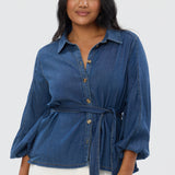 Balloon Sleeve Tie Shirt - Blue