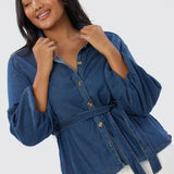 Balloon Sleeve Tie Shirt - Blue