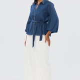 Balloon Sleeve Tie Shirt - Blue