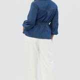 Balloon Sleeve Tie Shirt - Blue