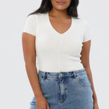 V Neck Short Sleeve Knit Top - White