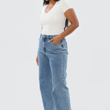 V Neck Short Sleeve Knit Top - White